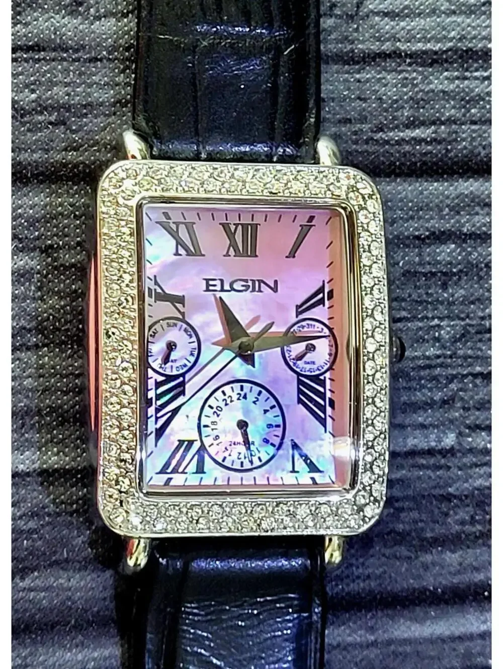 Rare Vintage Elgin Pink Abalone Dial Gem Bezel Dress Watch